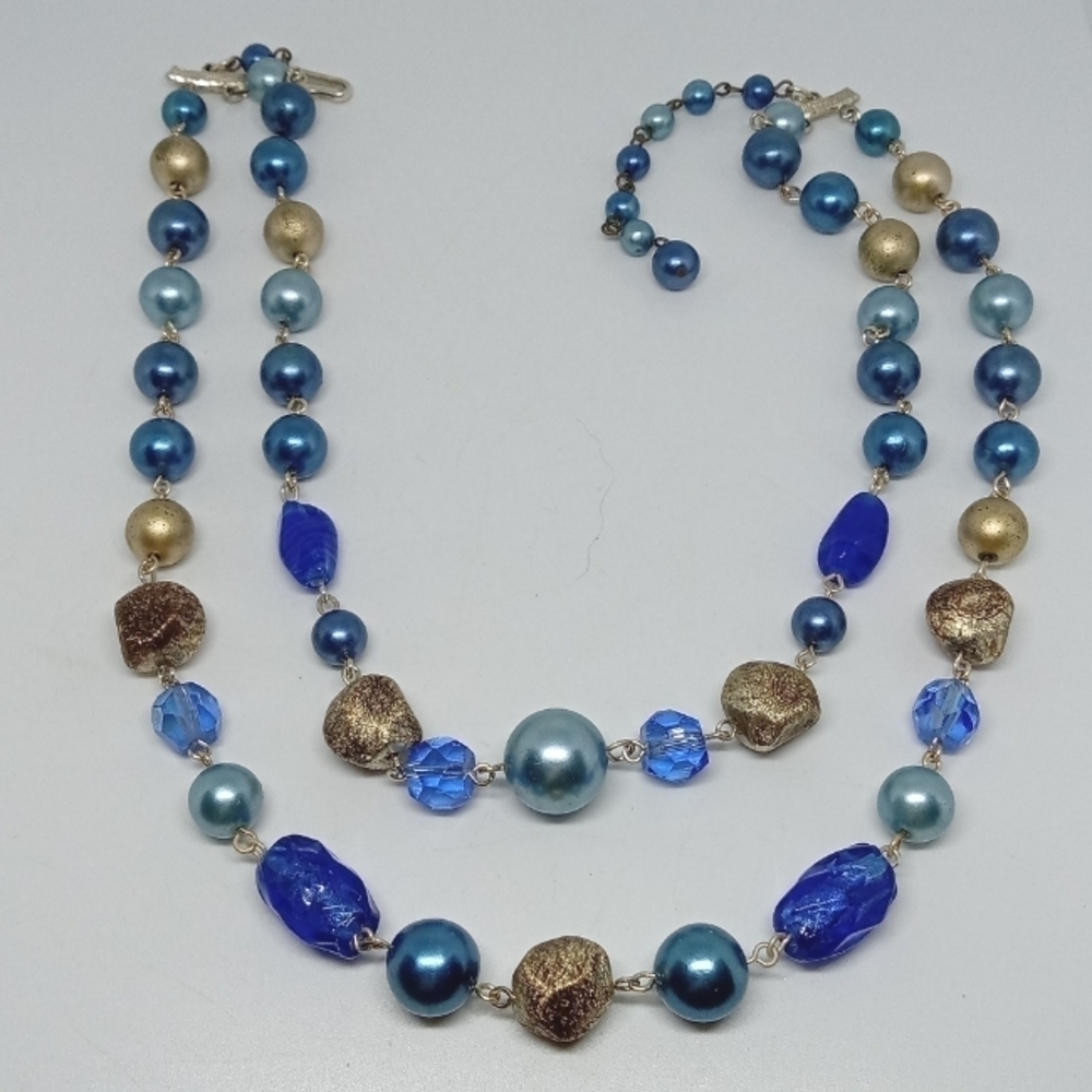 * vintage Japan 2 strand blues & gold, glass & plastic beads choker necklace